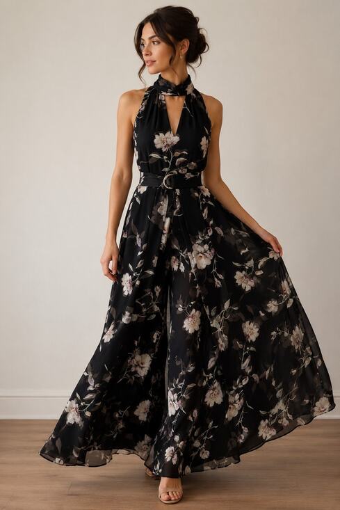 White House Black Market Pants - WHBM SZ 2 Belted Jumpsuit Floral Keyhole V-Neck Palazzo Wide Leg Sleeveless